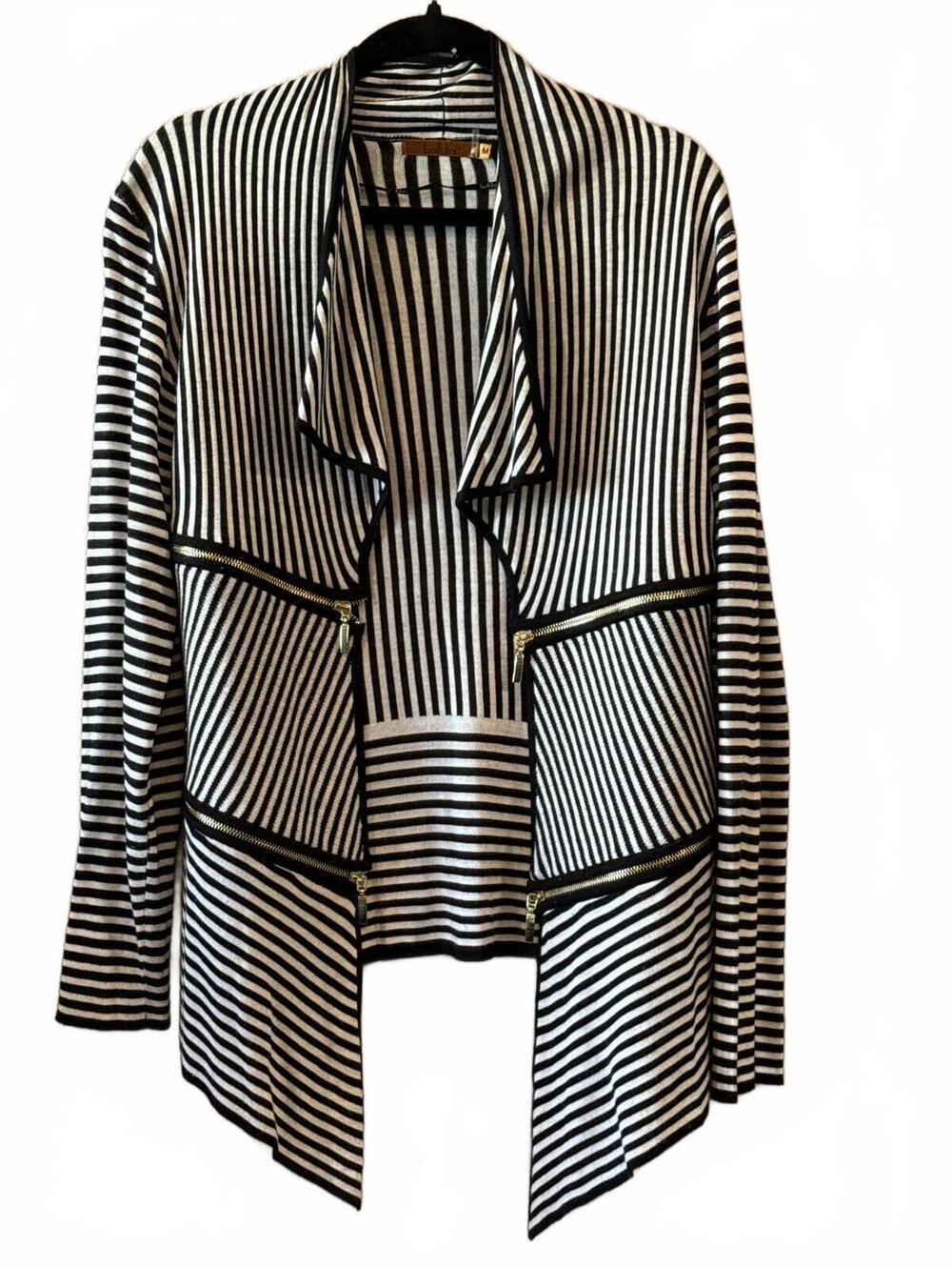 Belldini Black and White Striped Open Front Cardigan with Zipper Pockets